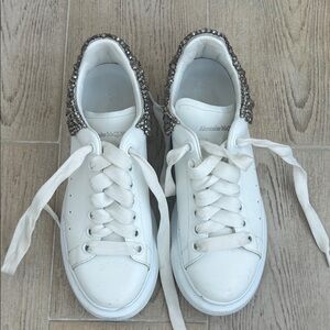 Alexander McQueen White Leather Sneakers with Crystal-Trim Heel